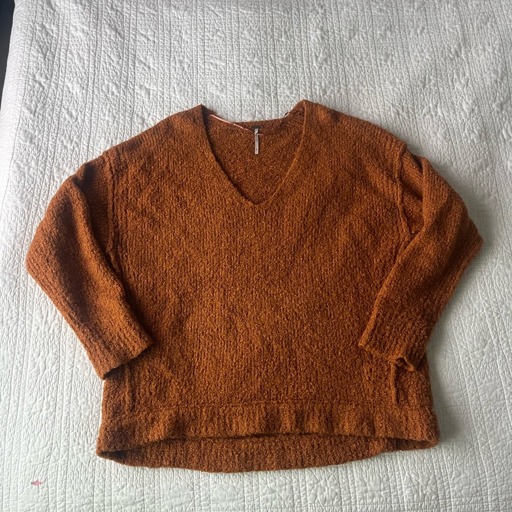 Free People Brown V-Neck Sweater with Cable Details